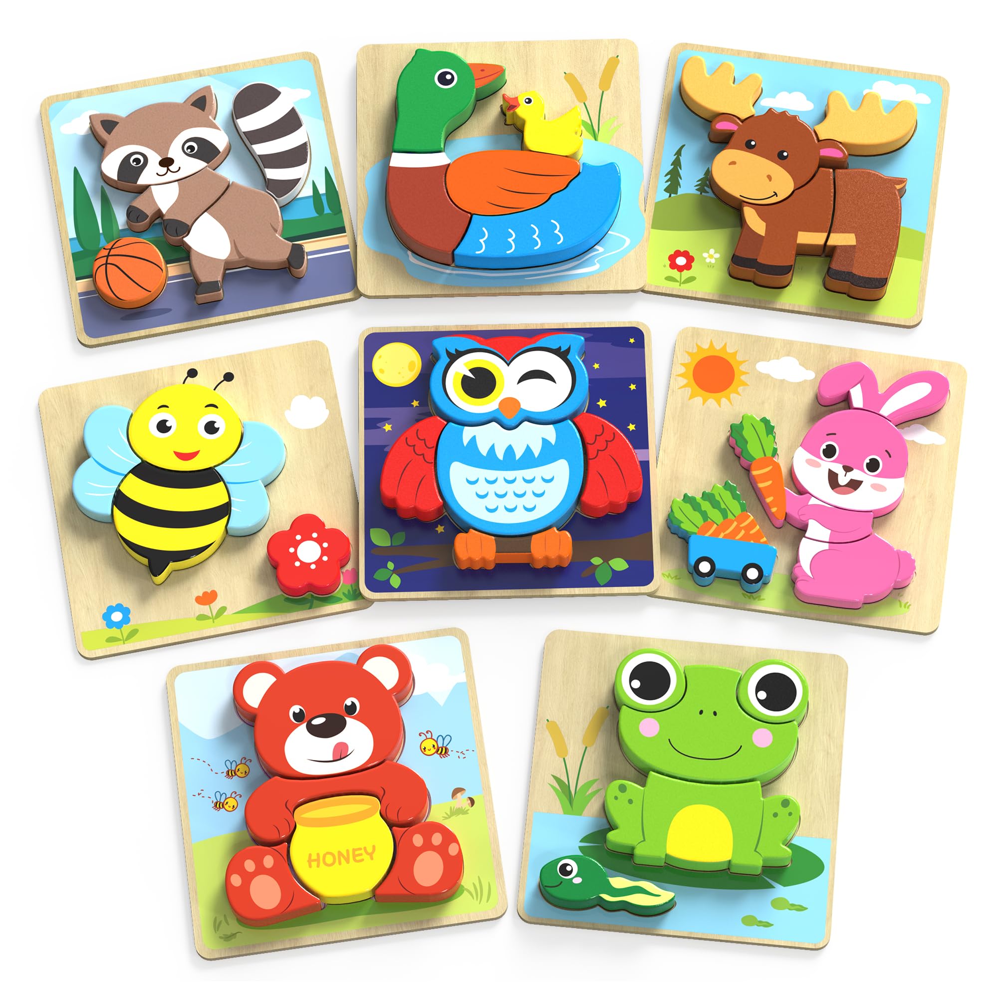 BenBen Wooden Puzzles for Toddlers, 8 Pack Animal Puzzles